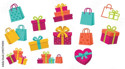 A vibrant collection of colorful gift boxes and shopping bags arranged in a playful composition, suggesting celebration and presents.