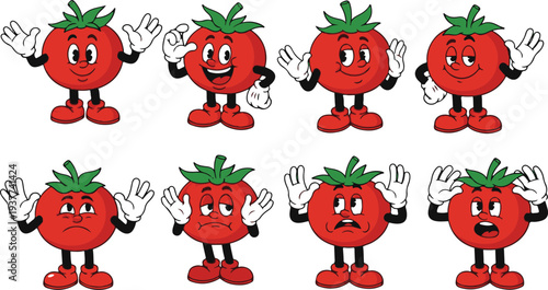 A group of cartoon tomatoes with various expressions and gestures isolated on white background