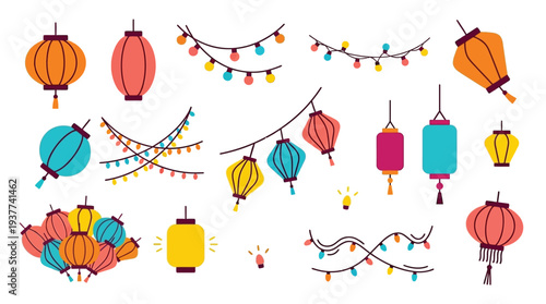 A vibrant collection of colorful Chinese lanterns and festive string lights, perfect for celebrations and decorations.