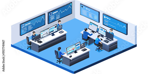Isometric illustration of a modern network operations center with multiple screens