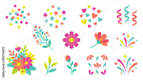 A vibrant collection of colorful party elements including confetti, flowers, streamers, and fireworks, perfect for celebrations.