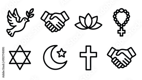 Black line icons of religious and peace symbols on white background