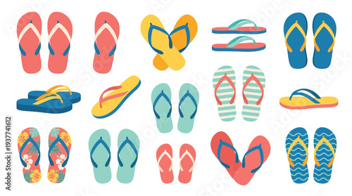 A vibrant collection of colorful flip-flops and sandals displayed in various arrangements and styles, perfect for summer and beach themes.