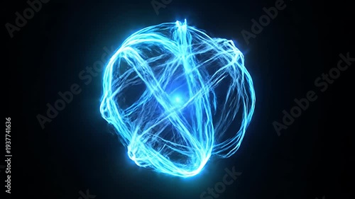Dynamic blue energy sphere with glowing core on black background