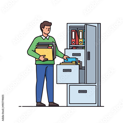 Man organizing files and documents in a filing cabinet at office