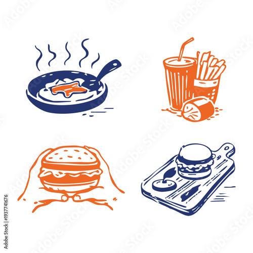 Handmade organic style burger illustration set featuring frying pan burger, burger meal combo, and burger preparation tools. Ideal for restaurant branding, menus, and food themed designs.