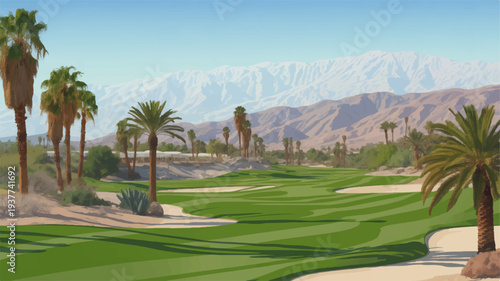 Golf course with palm trees and mountains in background sunny day green grass sand traps desert landscape tropical getaway vacation spot leisure activity