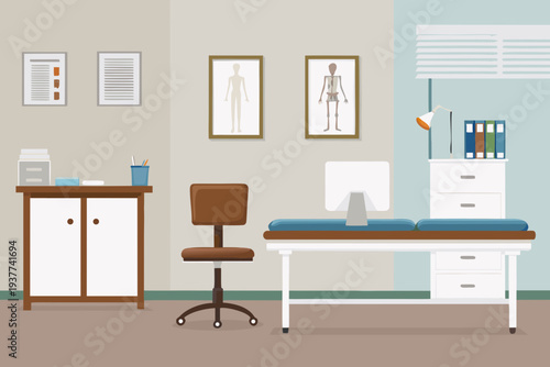 A doctor s office interior with anatomical charts and medical equipment