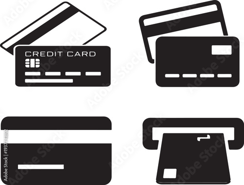 Black silhouettes of credit cards wallet and a vintage telephone