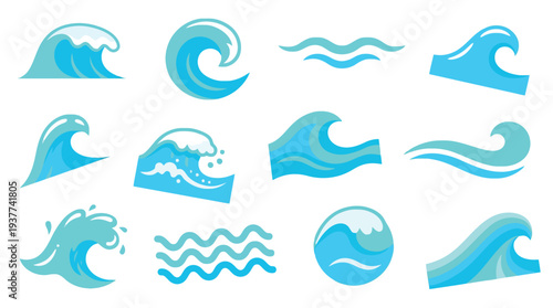 A collection of diverse blue wave illustrations, showcasing various styles and forms of ocean water movement.