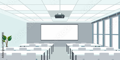 Empty classroom with a projector screen and rows of student desks