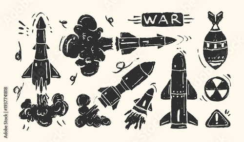 Missile weapon hand drawn illustration set. War doodle illustration of air strike, missile, bomb, nuclear weapon. Collection of missile launches and explosion sketch style vector elements.