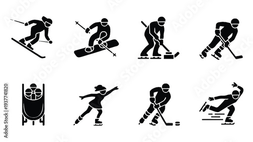 black silhouettes of people engaging in various winter sports on white background