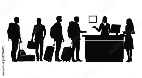 A group of people checking into a hotel with a receptionist assisting them a silhouette high quality