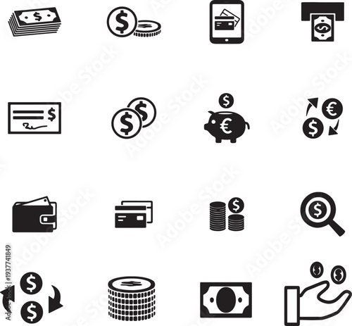 Financial icons depicting money transactions and digital payment methods