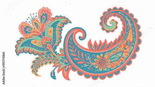 Vibrant colorful paisley design element with floral patterns and swirling shapes in orange blue and pink hues on white background