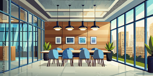 Bright and modern office conference room with a large window view