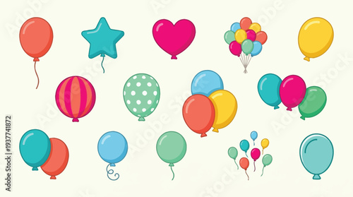 A vibrant collection of colorful balloons in various shapes and sizes, perfect for celebrations and party decorations.