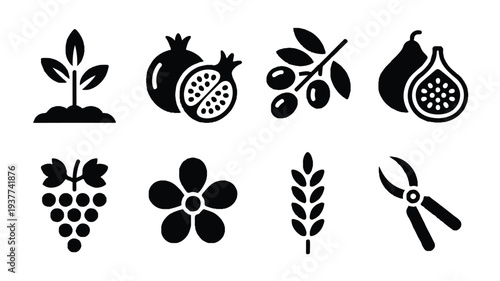 Black silhouettes of various fruits and plants on white background