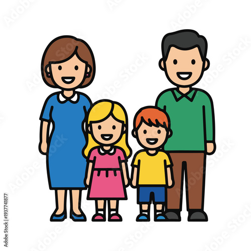 Cartoon family with two children standing together happily