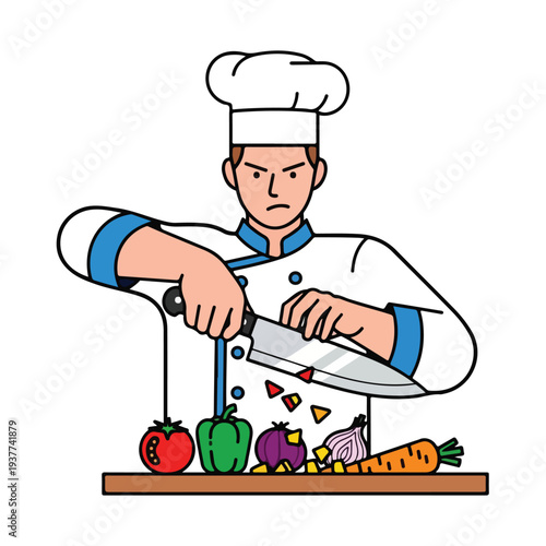 Chef cutting various vegetables on a wooden board