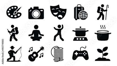 Black silhouettes of various hobbies and activities icons on white background
