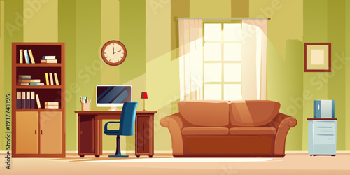 A brightly lit home office interior with furniture and decor