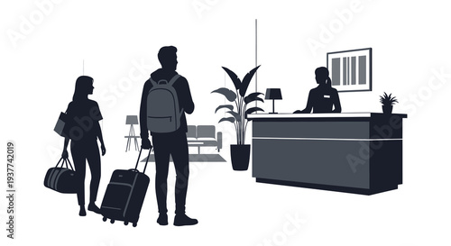 A couple checks into a hotel lobby pulling luggage with a front desk attendant silhouette high quality professional
