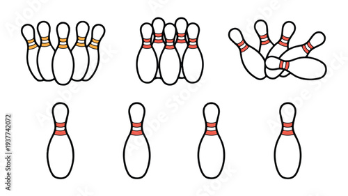 Bowling pins in different arrangements on a white background
