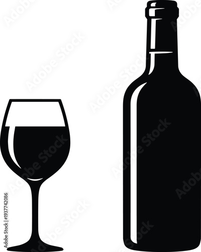 Wine glass and bottle silhouette vector illustration, elegant alcohol drink icon isolated bar beverage symbol design