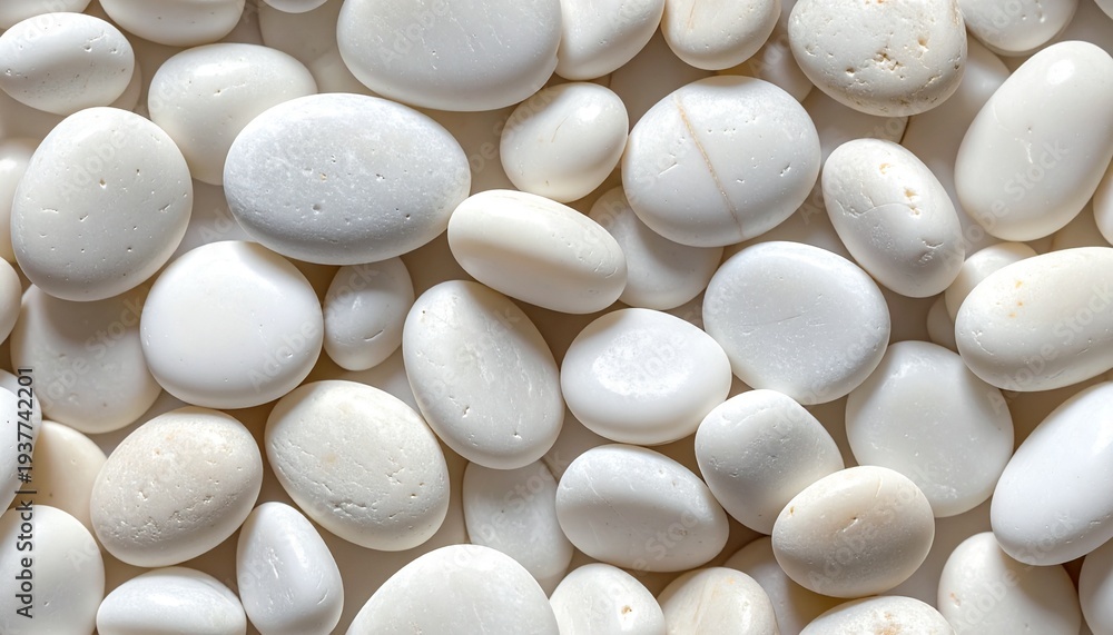 Fototapeta premium Collection of white pebbles and stones arranged closely together in a compact pattern, viewed from directly above