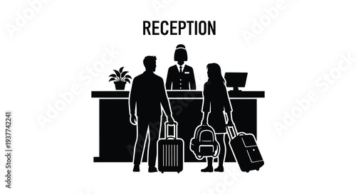 A black silhouette depicts a hotel reception scene with staff and guests checking in silhouette high quality