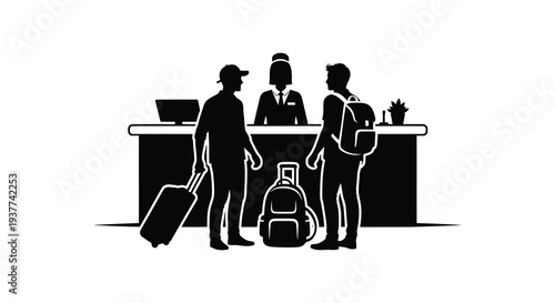 A black silhouette depicts guests checking in at a hotel reception desk with luggage silhouette high quality professional