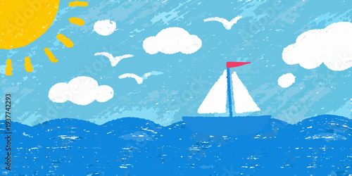 A colorful childlike drawing of a sailboat under a bright sun