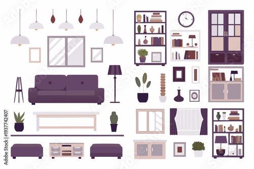 Stylized interior design elements including furniture decor and architectural features