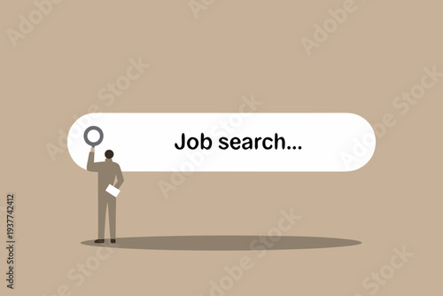 A person searches for jobs using a magnifying glass and speech bubble