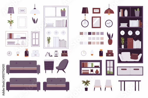 Assorted interior design elements furniture decor and architectural features