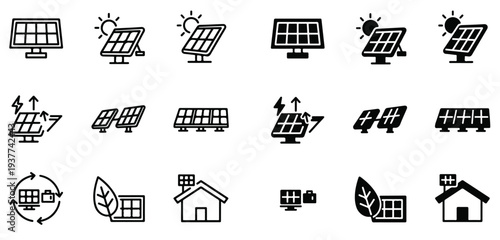 Electricity icon set. Solar panel electric generation icons. Green renewable electric power source vector icon. House solar panel roof. Vector stock illustration.