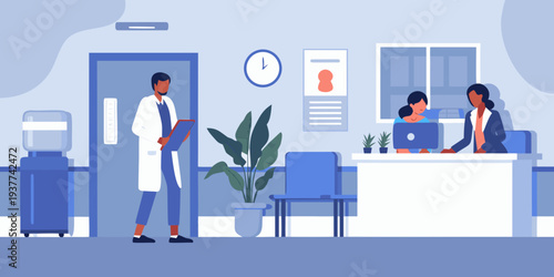 A doctor discusses patient information with staff in a modern hospital waiting area