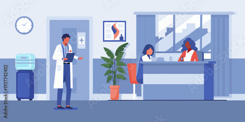 Doctor speaking with staff at a hospital reception desk