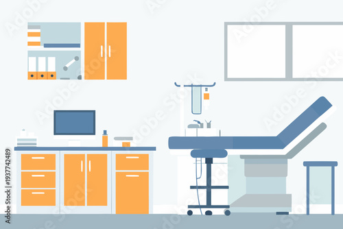 A brightly colored minimalist illustration of a doctor s office interior