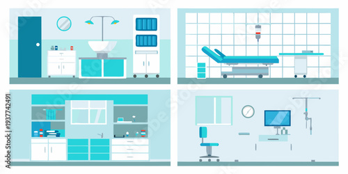 A brightly colored minimalist illustration of a modern doctor s office
