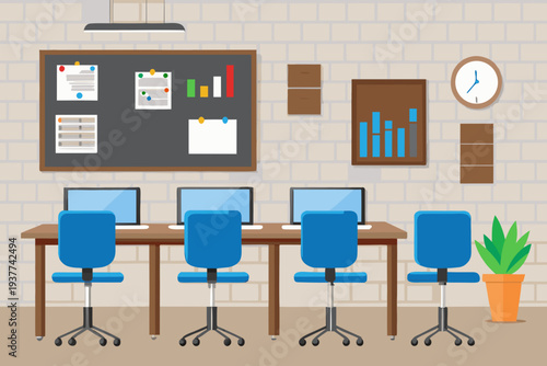 Modern office workspace with computers bulletin board and interior design