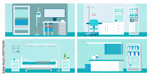 Illustration of a modern hospital room interior with medical equipment
