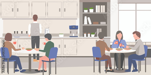 People gathered around a table in a modern brightly lit kitchen