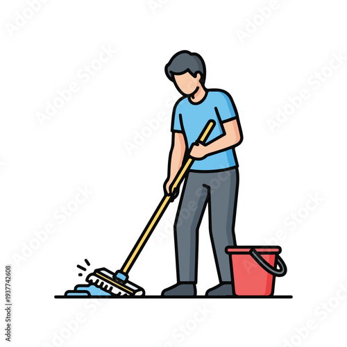 Man cleaning floor with mop and bucket in house