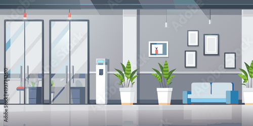 Modern office lobby with glass doors plants and a blue sofa