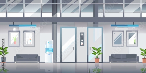 Modern office hallway with waiting area water cooler and large windows