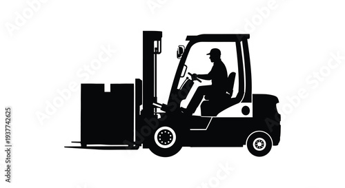 A black silhouette depicts a forklift operator transporting a large cardboard box in a warehouse silhouette high quality