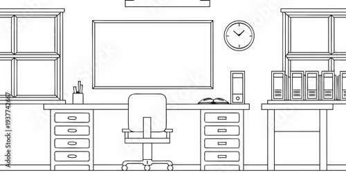 Simple line drawing of an office room with desk chair and clock